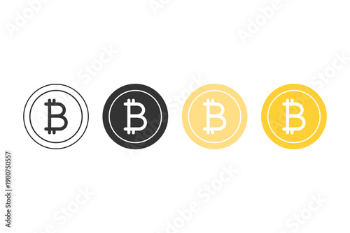 Bitcoin symbol variations in monochrome and gold tones.