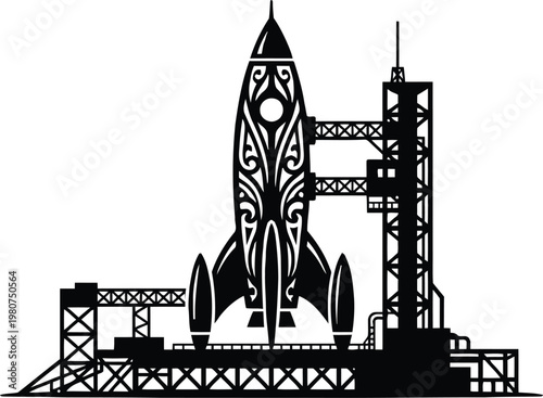 Futuristic rocket launchpad with intricate tribal-inspired design elements isolated on white background, Vector
