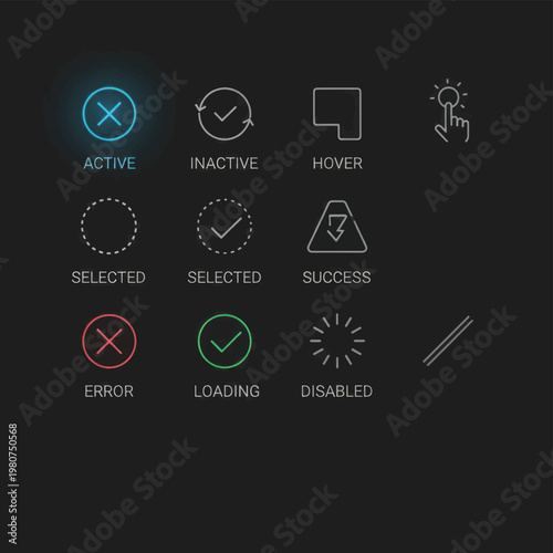 Set of illuminated status icons on dark background showing active inactive hover selected success error loading and disabled states.