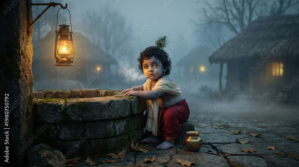 Fototapeta premium Baby Krishna sits by a well in a misty village at dusk