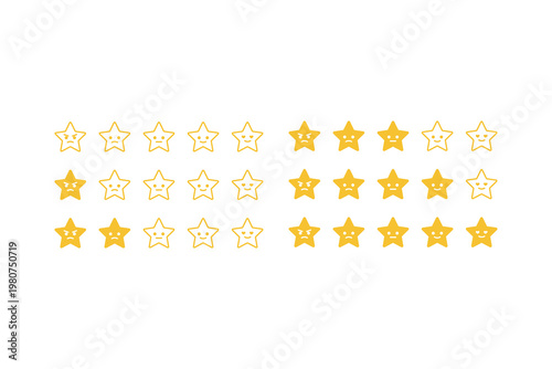 Rating system with smiling and sad yellow stars on white background.