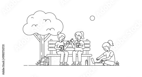 Children sitting on a park bench under a tree playing with toys and laughing together outdoors