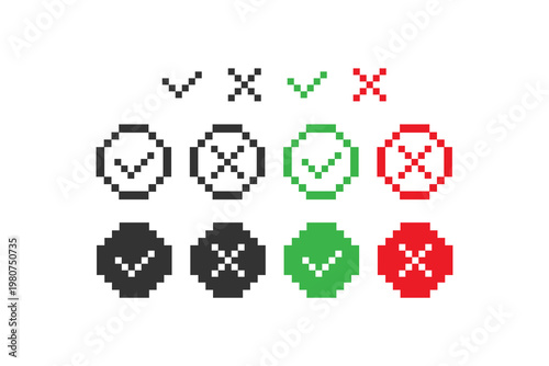 Pixelated checkmarks and crosses in black, green, and red.