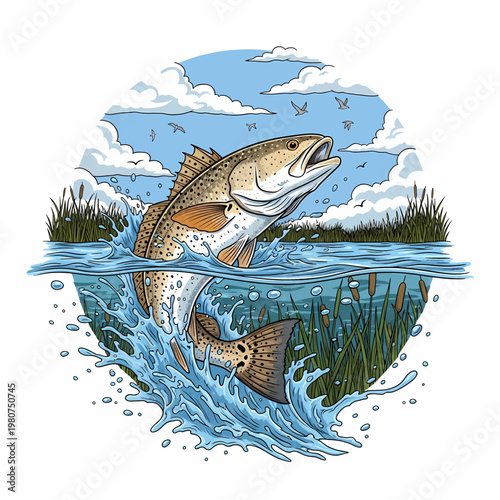 Speckled trout jumping out of water with marsh reeds in background
