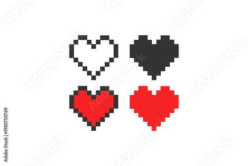 Pixel art heart icons in red and black variations on white background.