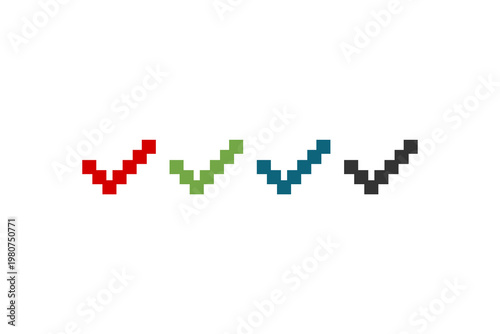 Pixel art check marks in red, green, blue, and black on white background.