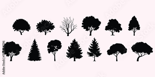 Black silhouettes of various trees on a light pink background Keywords: tree, silhouette, black, pink, background, nature, plant