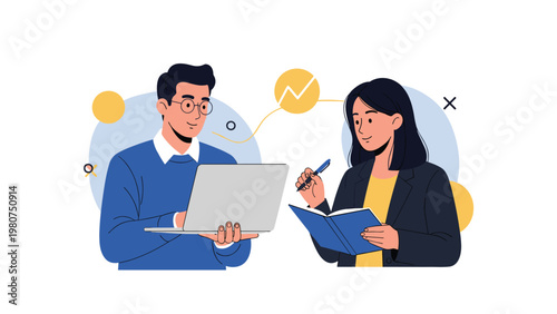 Professional man and woman collaborating on a project using a laptop and taking notes to represent effective teamwork and productivity.