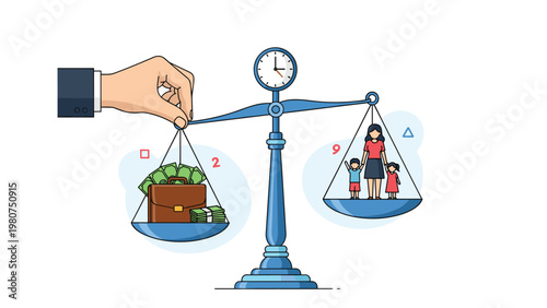 Large hand holding a balance scale weighing a briefcase full of cash against a mother with her two children for work-life balance.