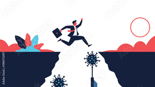 Agile businessman in a suit jumping across a cliff gap while avoiding coronavirus symbols to represent economic recovery and resilience.
