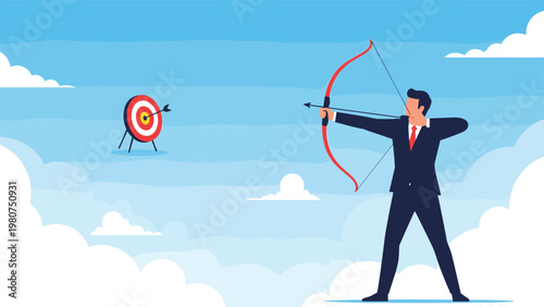 Focused archer in a business suit aiming his bow at a bullseye target floating among clouds in a bright blue sky for goal setting.