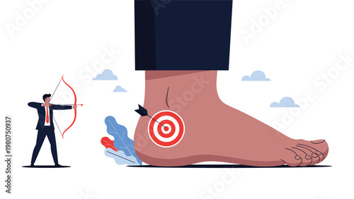 Small businessman using a bow to shoot an arrow into a bullseye target on the heel of a giant foot to show finding a weakness.