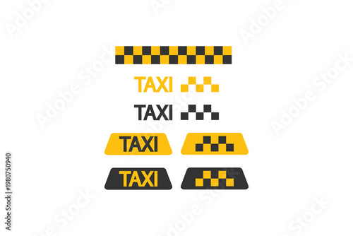 Yellow and black taxi sign design variations with checkered patterns.