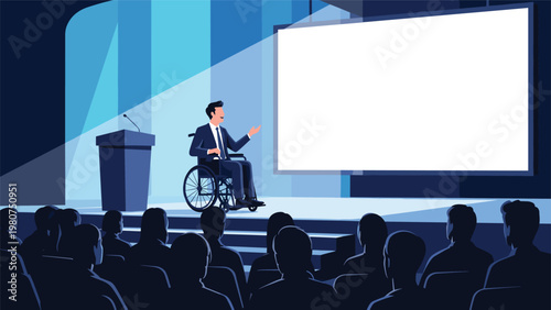 Confident professional man in a wheelchair delivering a presentation to a large audience on a stage with a blank projection screen.