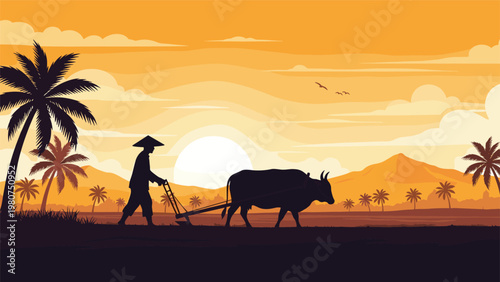 Peaceful silhouette of a traditional farmer plowing his field with an ox against a golden tropical sunset with palm trees and mountains.