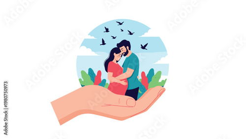 Loving pregnant couple standing together inside a large protective hand to symbolize maternity support, family care, and new beginnings.