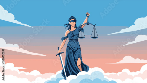Iconic Lady Justice figure blindfolded and holding scales and a sword while standing atop white clouds against a sunset sky.