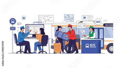 Bus Station Scenes: Travelers and personnel in a bus terminal, navigating various tasks essential for bus service, conveying a theme of public transportation