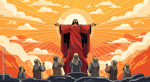 Jesus Christ with outstretched arms blesses a group of followers under a radiant sun