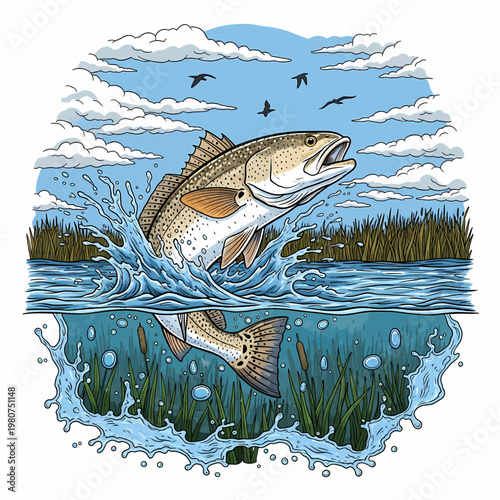 Speckled trout jumping out of water with marsh reeds in background