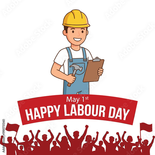 Happy Labour Day May 1st vector featuring a smiling worker with tools and a silhouette crowd celebrating