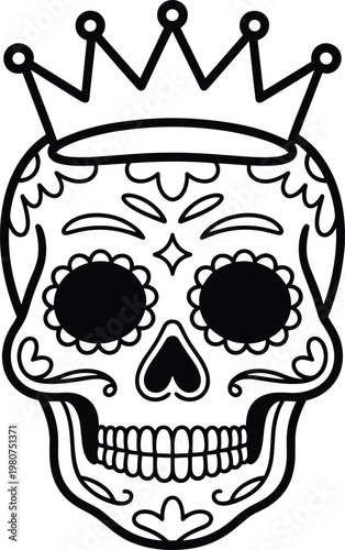 Black and white sugar skull with a crown, day of the dead calavera