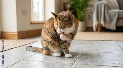 Cute Cat grooming itself by licking its paw, made by Ai