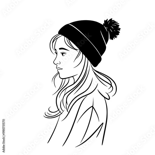 Vector illustration of a young woman wearing a beanie with a pom pom