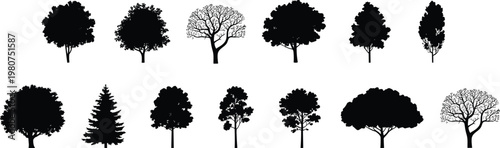 Collection of black tree silhouettes on white background with varied shapes and sizes Keywords: tree, silhouette, black, white