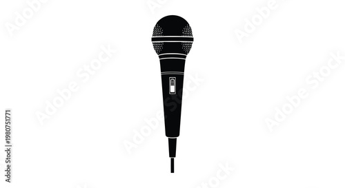A striking black microphone stands out against a white background silhouette
