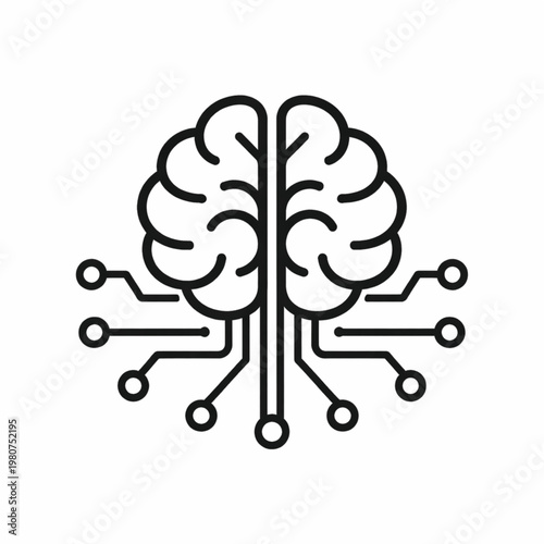A stylized black and white illustration of a brain integrated with circuit board elements high quality