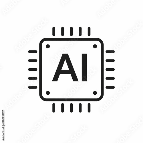A black and white icon depicting an ai chip with pins surrounding a square high quality