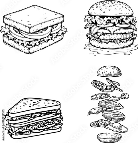 Fast Food Line Art Set with Burgers and Sandwiches