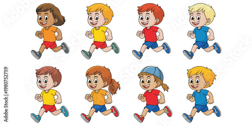 Eight diverse cartoon children running in different colored sports outfits on white kids jogging