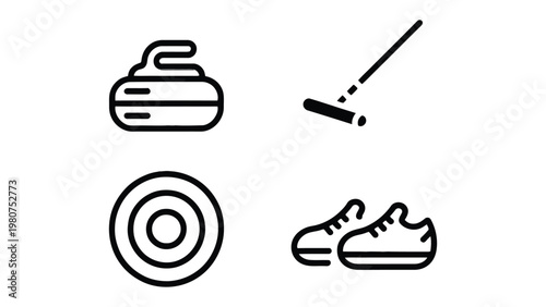Curling Essentials: A graphic illustration showcasing the core elements of the sport. The image focuses on the stone, broom, shoes, and target rings.