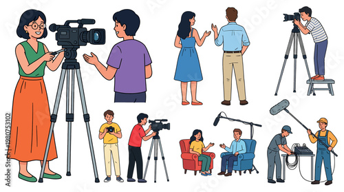 Diverse group of people engaged in various aspects of film and video production.