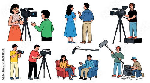 Diverse group of people engaged in various aspects of video production and interviewing.