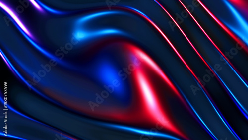 Abstract dark black background with neon colored lines, dynamic purple blue lights on black background..