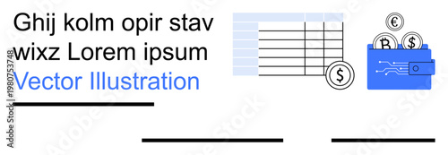 Financial planning, data tracking, investment, cash flow, budgeting, and technology. Chart, coins and digital wallet on white background. Financial planning and data tracking concepts
