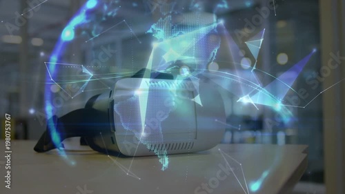 White VR headset resting as particles emerging grouping forming spinning holo globe showing network