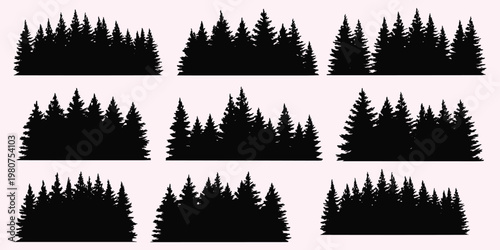 Nine Black Silhouette Evergreen Tree Clusters On Light Pink Background trees forest