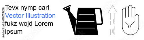 Gardening, water conservation, sustainability, environmental care, growth trends, eco-friendly habits. Black watering can, hand arrow rising. Gardening and water conservation visuals