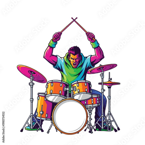 Vibrant illustration of an enthusiastic drummer powerfully rocking out on his colorful drum kit, bringing a burst of musical energy and dynamic performance