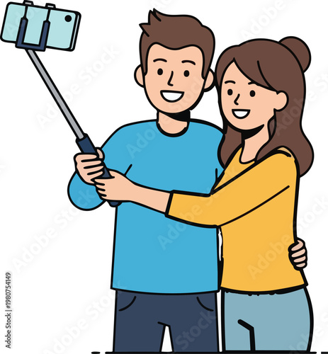 Couple taking selfie with smartphone stick happy people friendship love social media photo lifestyle vector illustration isolated.