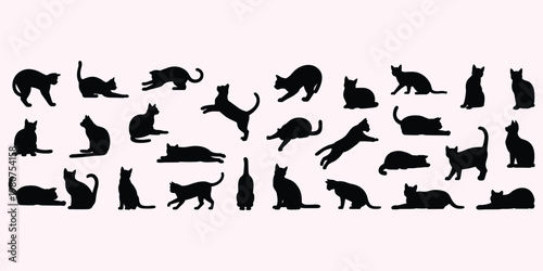Numerous black cat silhouettes in various poses on a light pink background vector illustration