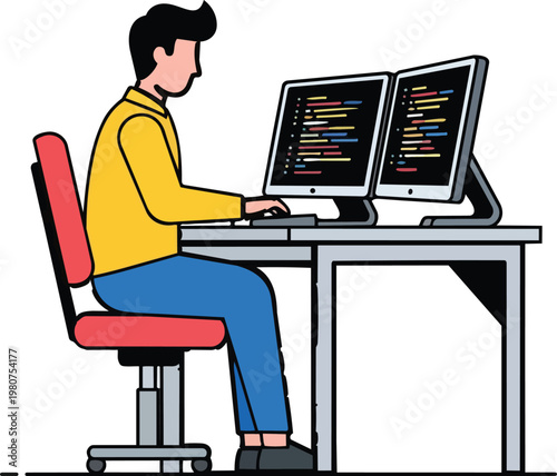 Programmer coding at computer workstation software development programming technology coder workspace digital coding script vector illustration isolated.