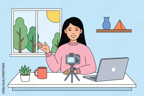 Young woman vlogger creating engaging video content at her home studio. Perfect for social media, online courses, and digital marketing
