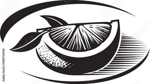 Monochrome illustration of a citrus fruit slice with leaves in an abstract frame