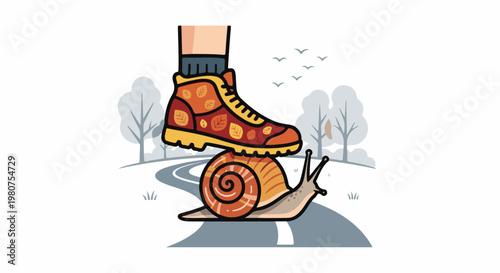 A boot steps on a snail on a winding road with trees and birds