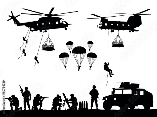Military Operation Silhouette with Helicopters Soldiers and Vehicles.